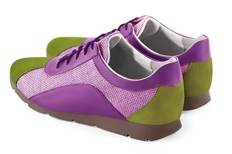 Pistachio green, hot pink and mauve purple women's open back shoes. Round toe. Flat rubber soles. Rear view - Florence KOOIJMAN